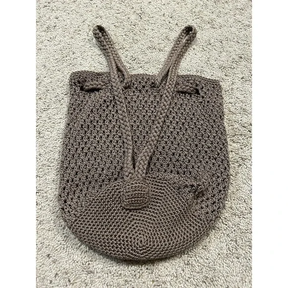 THE SAK Crochet Drawstring Bucket Backpack Slingback BOHO Bag Purse BRONZE F23 The Sak Crochet Beige Boho Bag | Crochet Shoulder Bag | the  main image 3